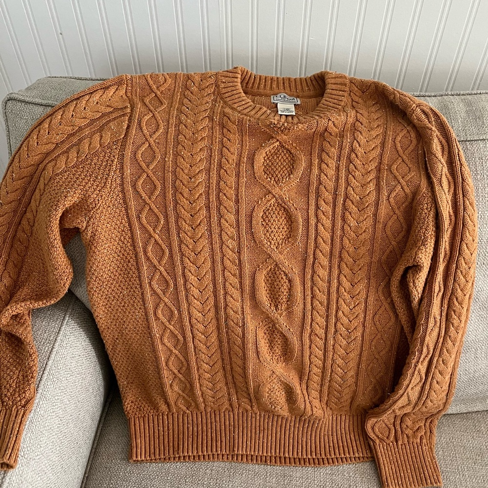 L L Bean. Men's Cable Knit Crewneck Sweater - Rust Brown